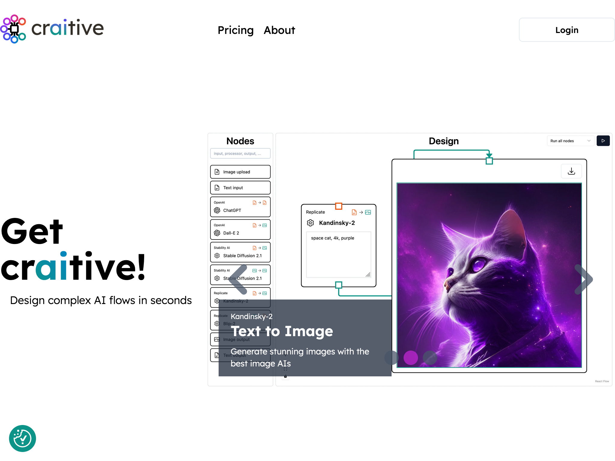 Craitive Studio's workflow editor interface showcasing AI automation capabilities