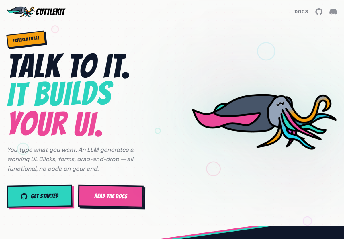 Cuttlekit-Startseite mit dem generativen UI-Toolkit und seinem Tintenfisch-Maskottchen