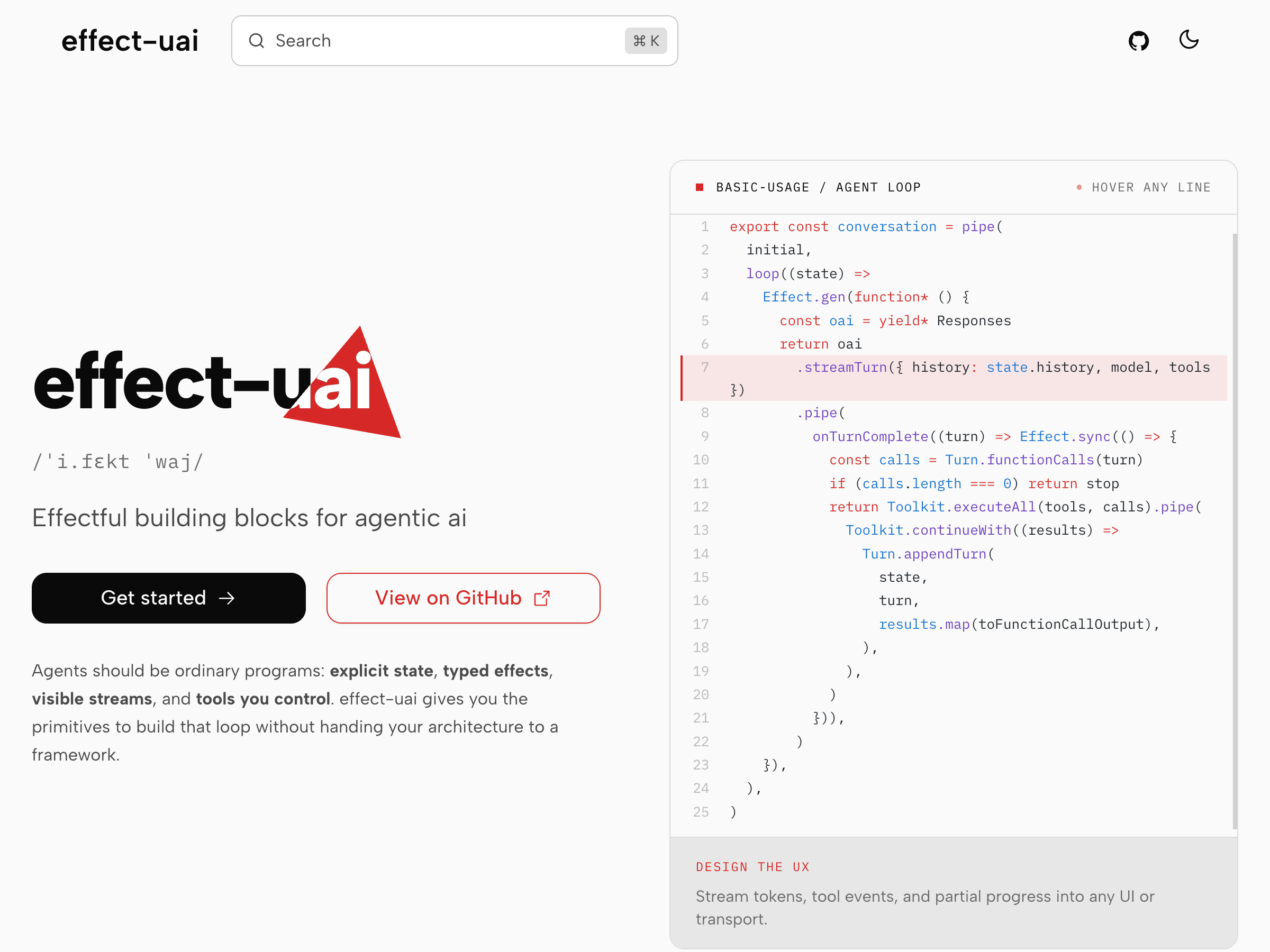 effect-uai documentation homepage showing the Effect-based AI agent toolkit
